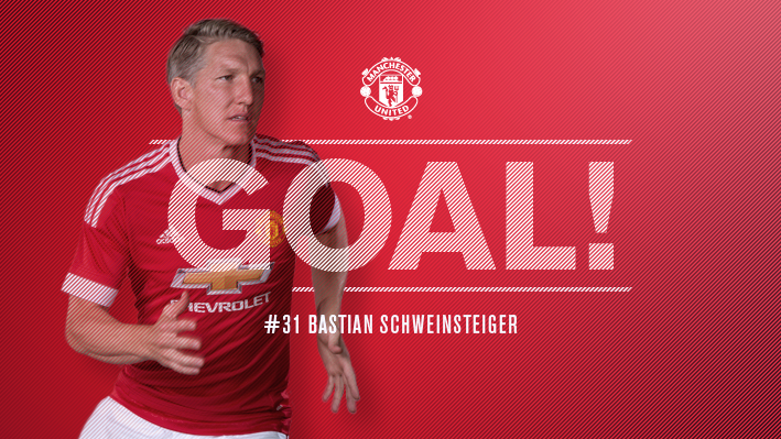 ManUtd's tweet photo. 45+1' - GOAL! Leicester 1 United 1. Schweinsteiger heads home Blind's pinpoint corner to draw the Reds level. https://t.co/DhTSB7mZib