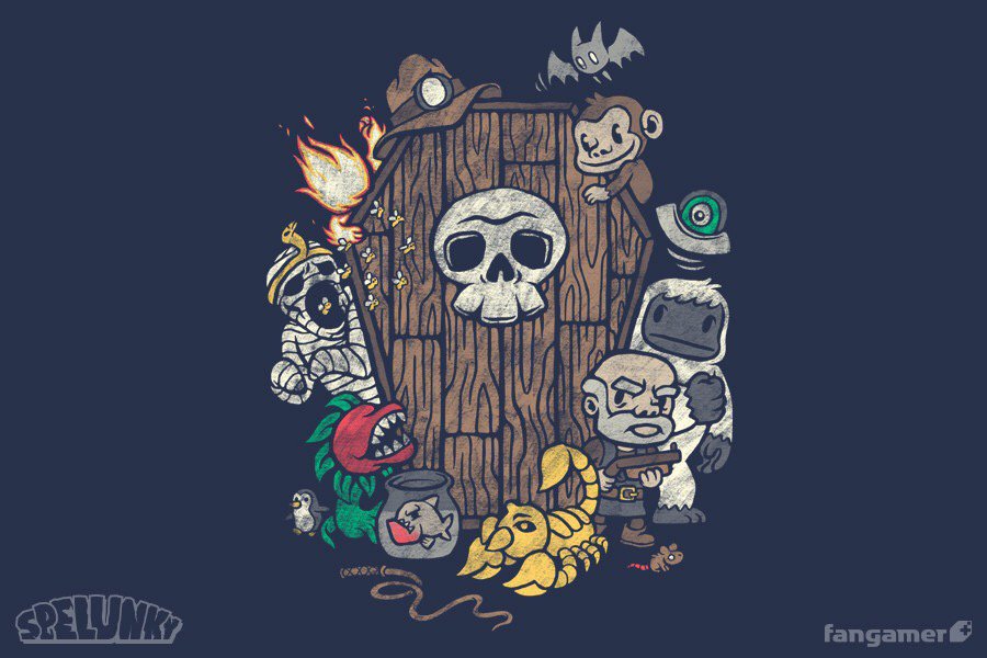 mossmouth's tweet photo. Thanks to @Fangamer and artist @jpcoovert we have two awesome new Spelunky tees! https://t.co/bvLJ00mnhR https://t.co/A2gfM40PeU
