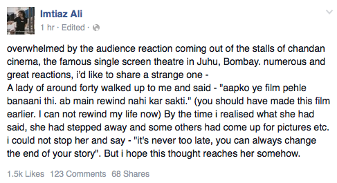 DeepikaPFC's tweet photo. Director Imtiaz Ali's facebook post on #Tamasha feedback (via @ilahi_x) https://t.co/vzE2mwPMMA