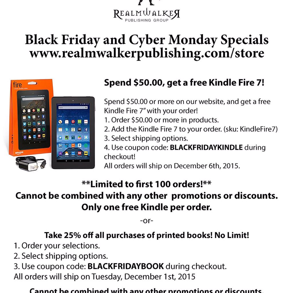 REALM_PUB_GROUP's tweet image. Get a free Kindle Fire 7 with $50 or more purchase! First 100 orders only! #BlackFriday #CyberWeekend #ebook #kindle