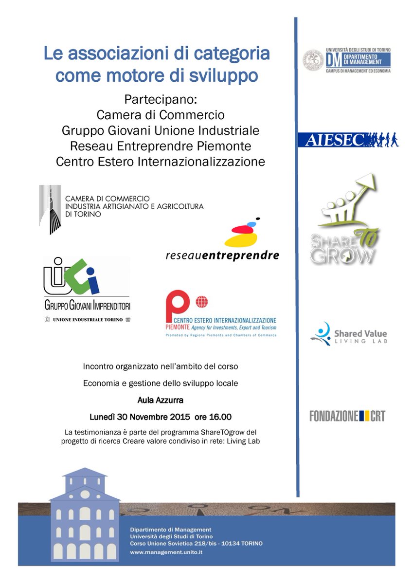 AIESECTorino's tweet photo. Lunedì 30/11 ritorna #ShareToGrow: interverranno @CamComTorino e Gruppo Giovani dell'Unione Industriale di Torino https://t.co/UmQHhikBqQ
