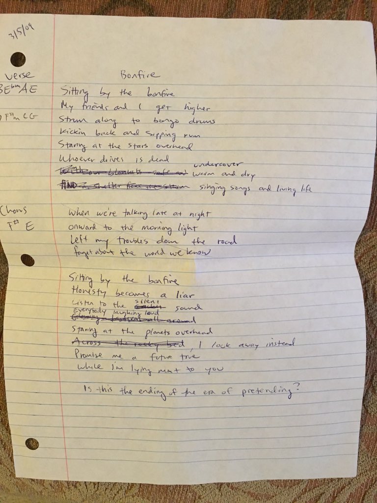 SlowKidsAtPlay's tweet photo. Ryan just sent this out- the original lyrics of #bonfire, more than a year before we took it to the studio. https://t.co/LkbPmkqpc8
