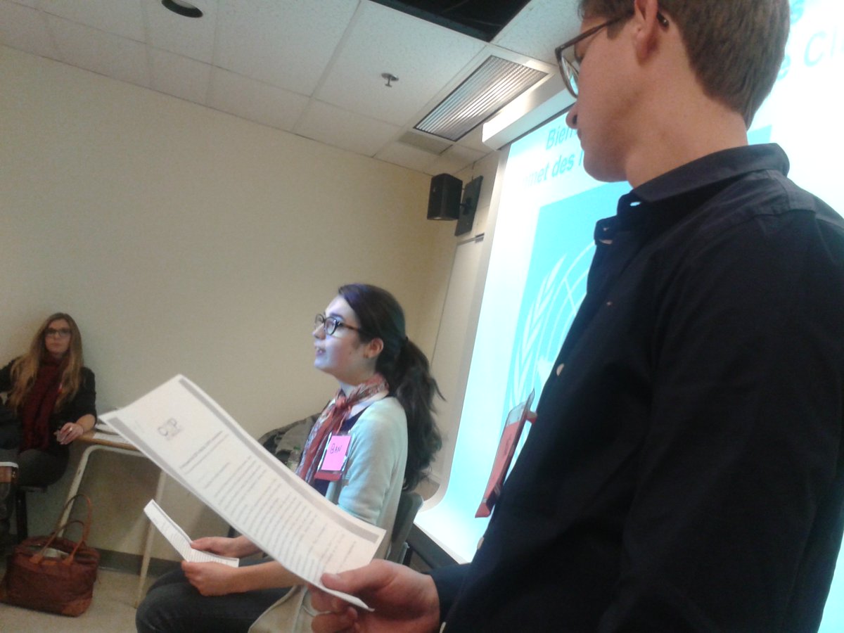 stfmlr's tweet photo. Clara "Ban" et Mathijs "Ki Moon" nous lisent le discours d'ouverture de @COPinMyCity  à la @COY11Montreal  #COP21 https://t.co/LQoohxqnTC