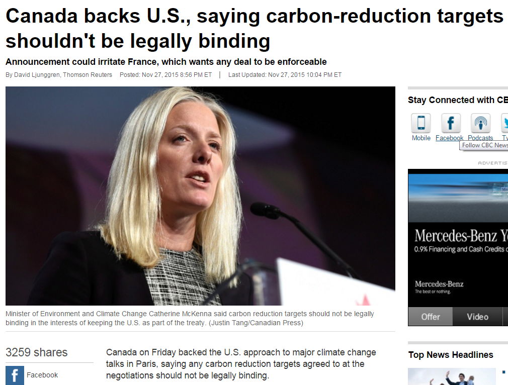 JimHarris's tweet photo. UNACCEPTABLE Canada Says Carbon-Reduction Targets Shouldn't Be Binding! We Need Action #cdnpoli #ClimateMarch #COP21 https://t.co/B9tKAi6YXd