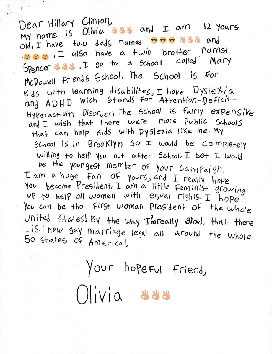 HillaryClinton's tweet photo. From Olivia, age 12: “I am a little feminist growing up to help all women with equal rights.” Read her letter ⬇ https://t.co/81NmApY5ge