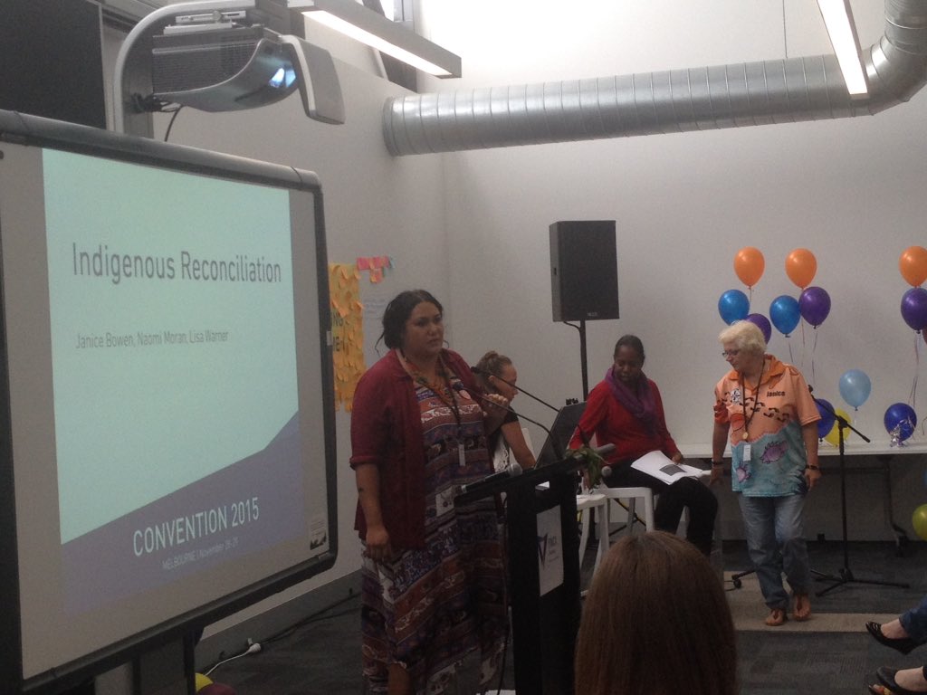 #Ywcacon15 Workshop on bringing #IndigenousReconciliation 2 our work Aunty Janice Bowen Naomi Moran Lisa Warner #RAP