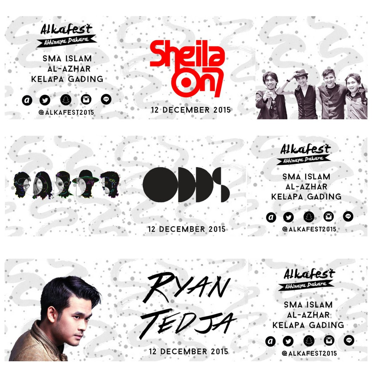 InfoPensi's tweet photo. #infopensi Line up @alkafest2015 :
@sheilaon7 , ODDS , Ryan tedja https://t.co/Fc4xGEr2Tn
