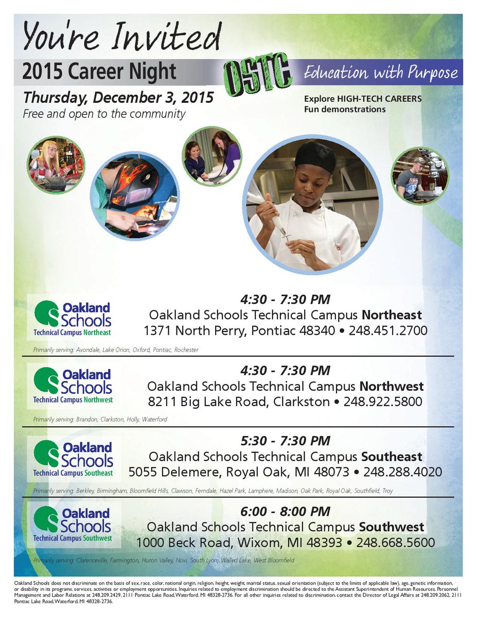 OaklandSchools's tweet photo. OPEN HOUSE at 4 Oakland Schools Technical Campuses DEC.3! Explore high-tech careers #STEM #CTE @PaulGalbenski https://t.co/EGxyhvxJMO