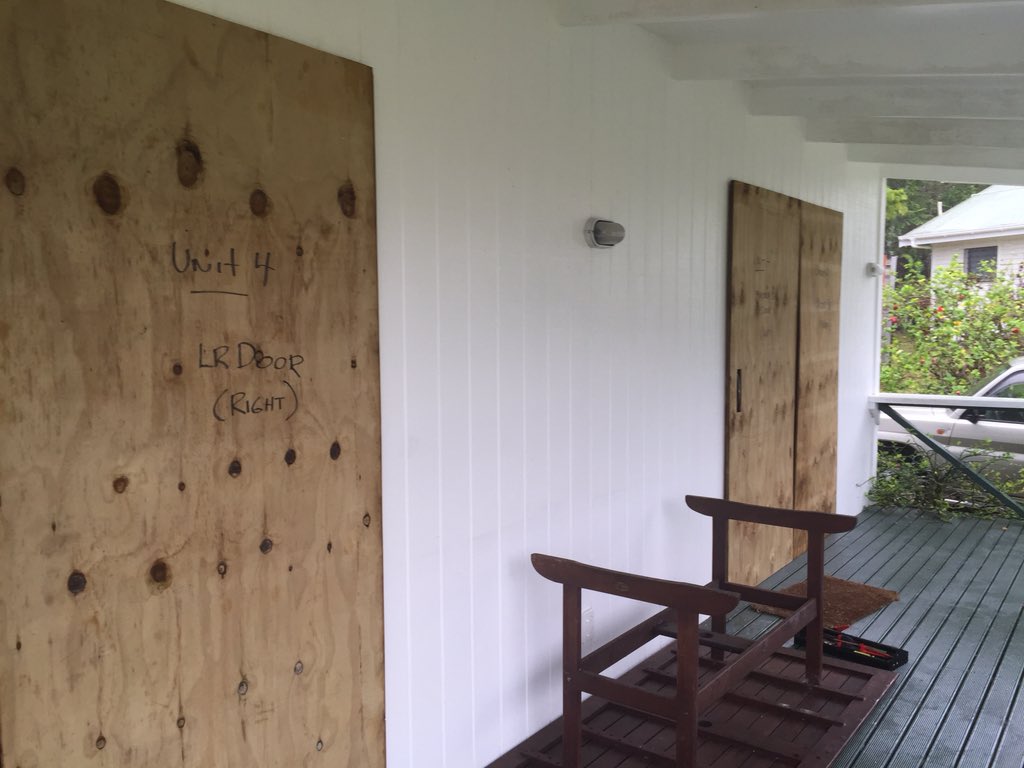 ZoVirtue's tweet photo. Getting pretty bad now in Niue. Boarding up everywhere. Still not officially going to hit for 12hrs ish #cyclonetuni https://t.co/lYOPpsg1W0