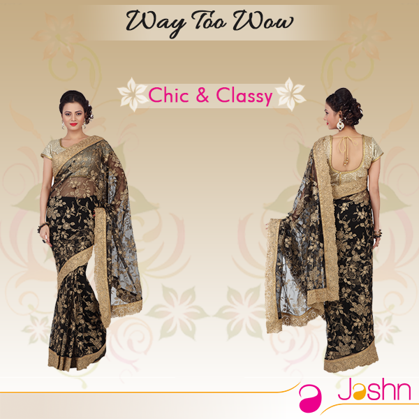 JashnOnline's tweet photo. #WayTooWow Adorn our gorgeous embroidered black & gold saree with a regal border! https://t.co/MOWHX9COBY
