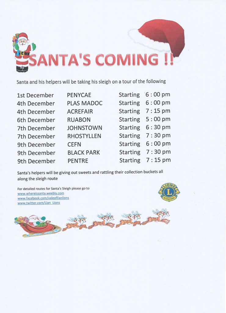 Llan_Lions's tweet photo. @WrexhamTIC @wxmsayshello @DestinationWxm Full list of Santa Sleigh routes 🎅🏼 #LlanLions https://t.co/ePHsqTW5oM
