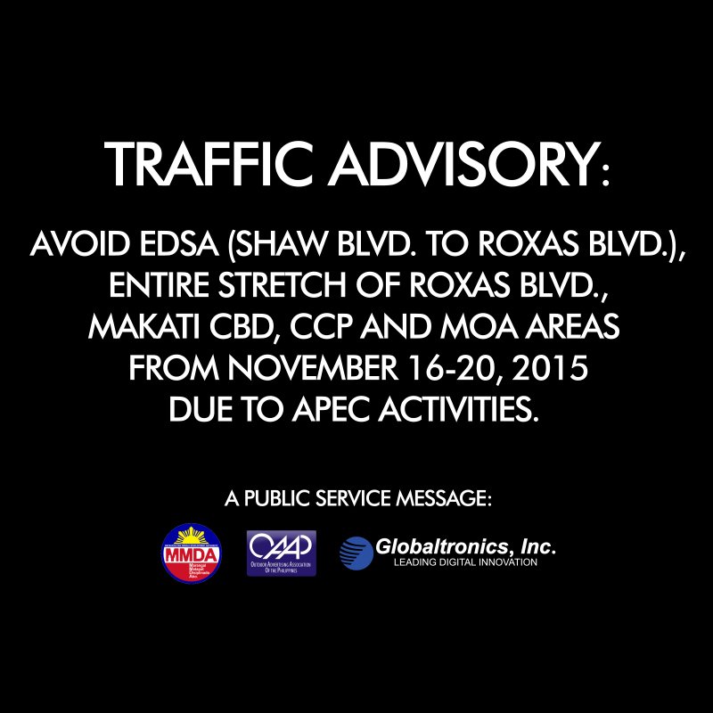 NDAAPhilippines's tweet photo. Avoid the traffic inconvenience! #APEC2015 https://t.co/Pv55az91OY