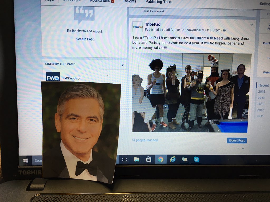 Tribepad's tweet photo. @GeoffRamm fantastic read!! Passing the book around the office. George Clooney is on my desk #made2015 #TribePad https://t.co/S50dP2ryST