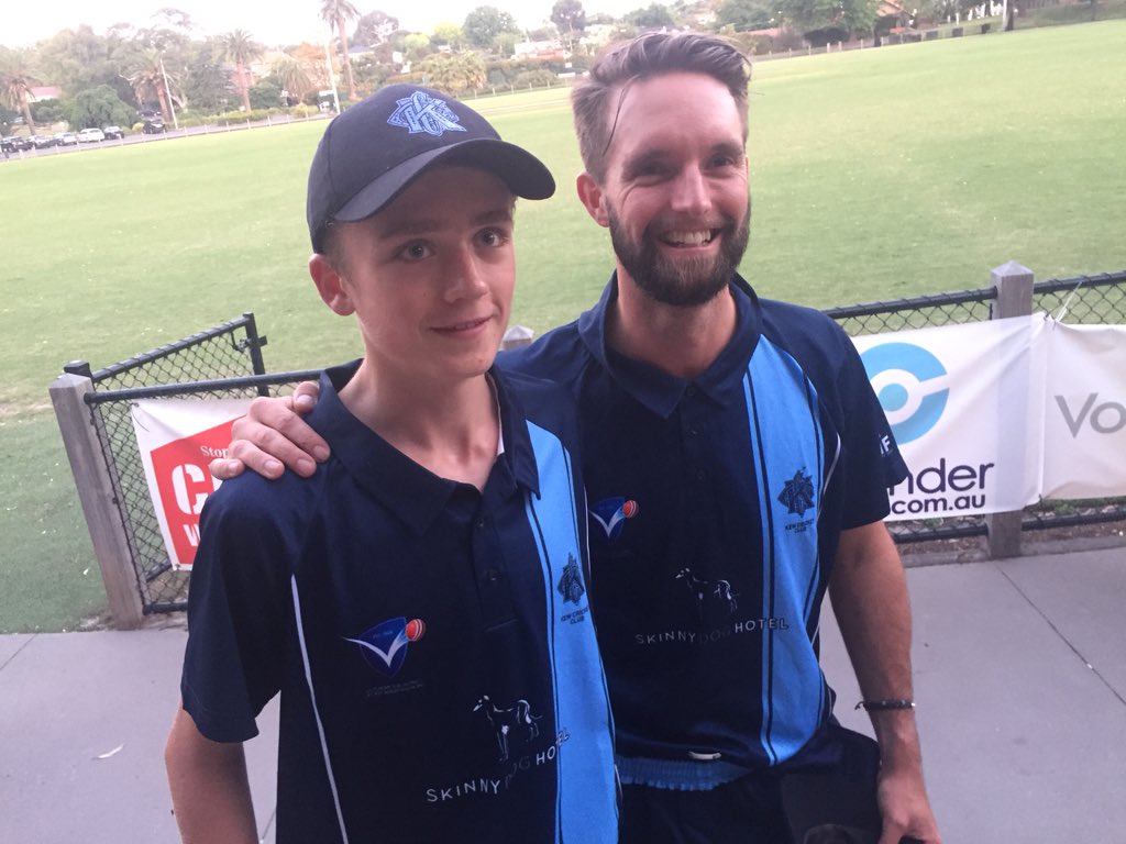 JustinGraham23's tweet photo. #backtoclub night for @vicpremcricket, great to have @MatthewBrown37 play with 13 yrold bro Henry 4 @KewCricketClub https://t.co/xk9PRtTQ1B