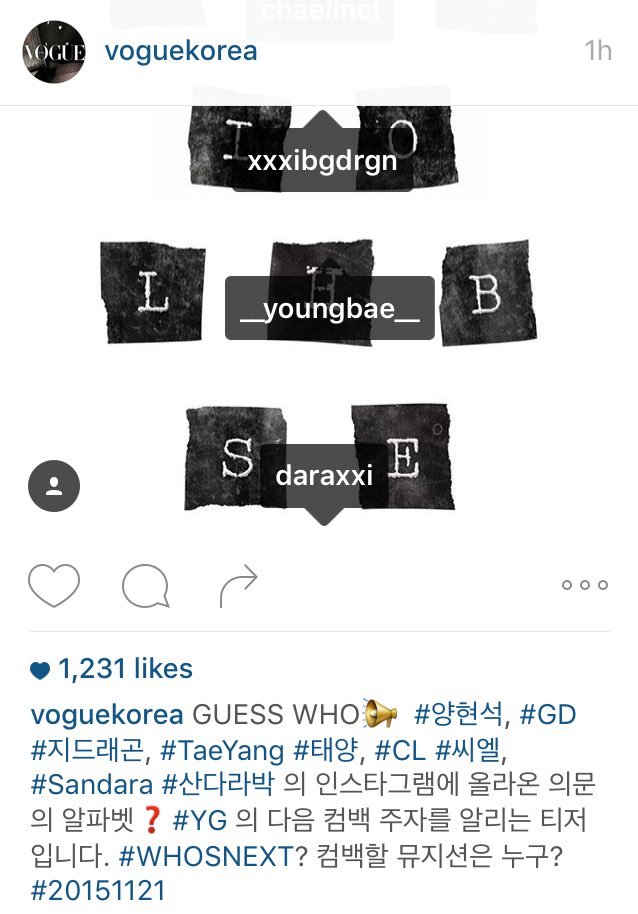 WeLoveChaerin's tweet photo. [IG] Voguekorea: "GUESS WHO📢 #YG#GD#TAEYANG#CL#DARA #WHOSNEXT https://t.co/MNGa5YAiIz https://t.co/sDmot6zI6X