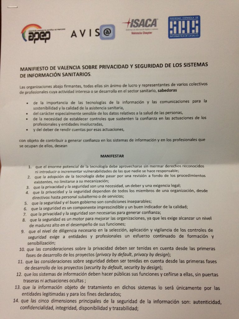 ExecutiveTIC's tweet photo. Apoyando el Manifiesto de Valencia sobre #privacidad #seguridad de Sistemas de Informacion Sanitarios #salud17nov https://t.co/jhc6lZhjPg