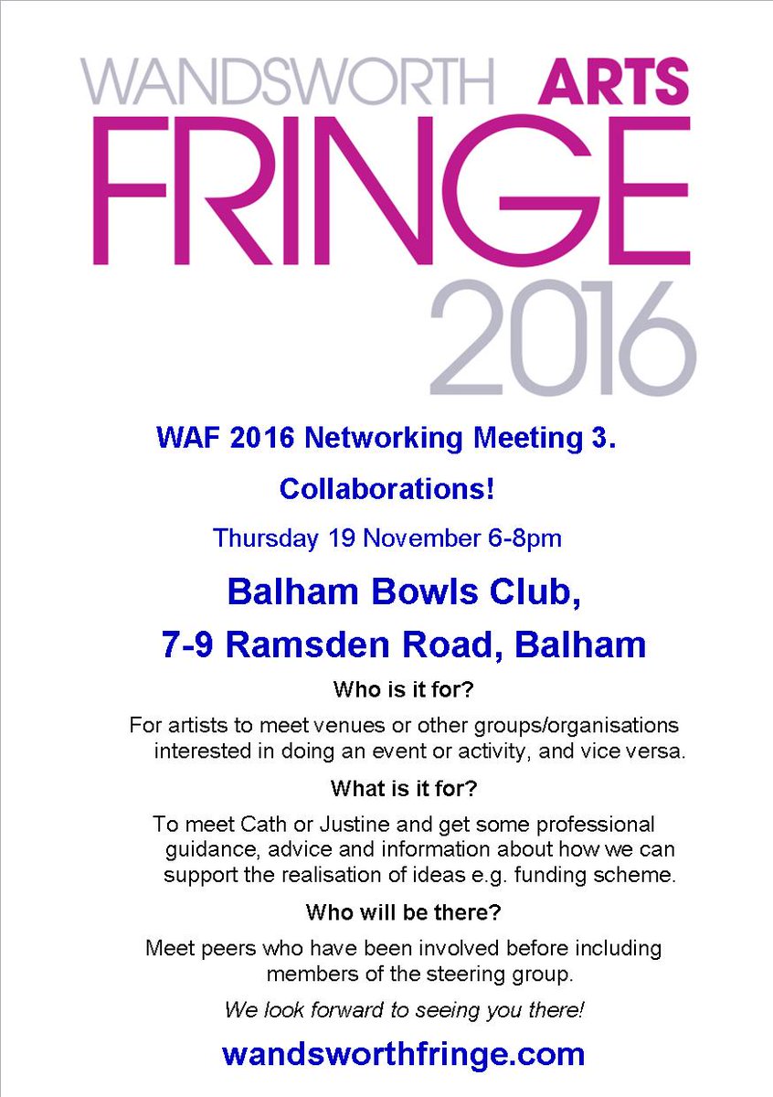wtowandsworth's tweet image. Wandsworth Arts Fringe 2016 are calling out for excellent talent to get involved. Networking meeting this Thursday: