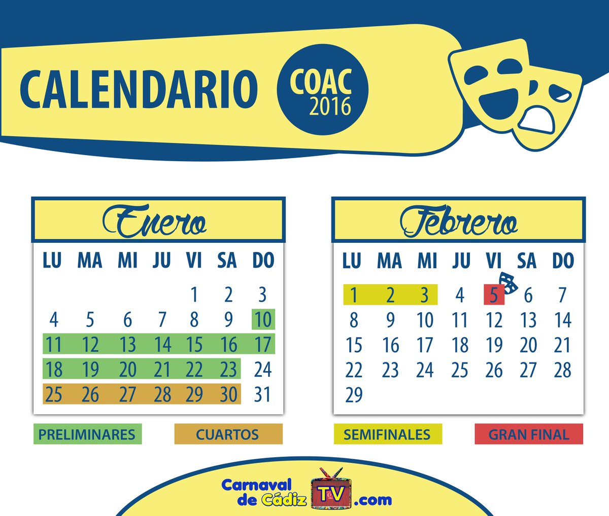CarnavalCadizTV's tweet photo. CALENDARIO DE ACTUACIONES DEL #COAC2016

¡Imperdible! Sigue todo el COAC en: https://t.co/HH1orOdjHn https://t.co/e5qmKncAZr