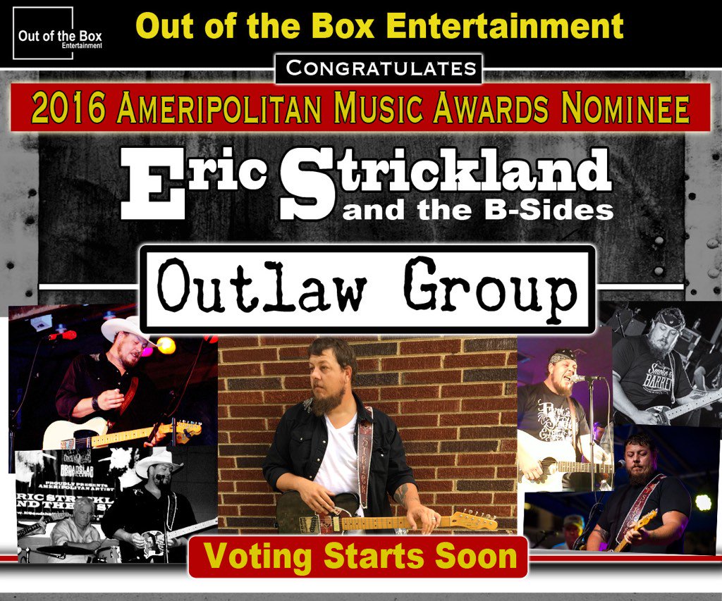 OTB_Entrtainmnt's tweet photo. Congrats #EricStrickland & the B-Sides on nomination for #outlawgroup @ameripolitan vote soon 4 @drinkinwhiskey https://t.co/owEj8jM5gN