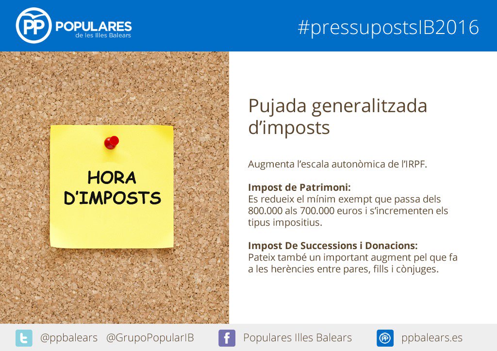 ppbalears's tweet photo. #PressupostsIB2016: Govern @F_Armengol aprova un pujada generalitzada d'imposts #tornemenrere https://t.co/eCsikWBLcf
