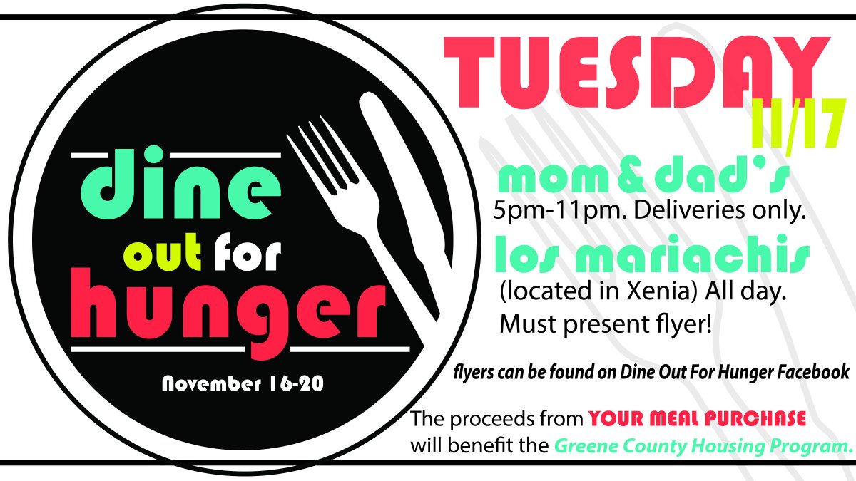 DineOut4Hunger's tweet photo. Today: Los Mariachis in Xenia and Mom &amp; Dad's Dairy Bar (5pm-11pm)! Take this flyer to donate and #dineoutforhunger! https://t.co/ThuldYnIlx