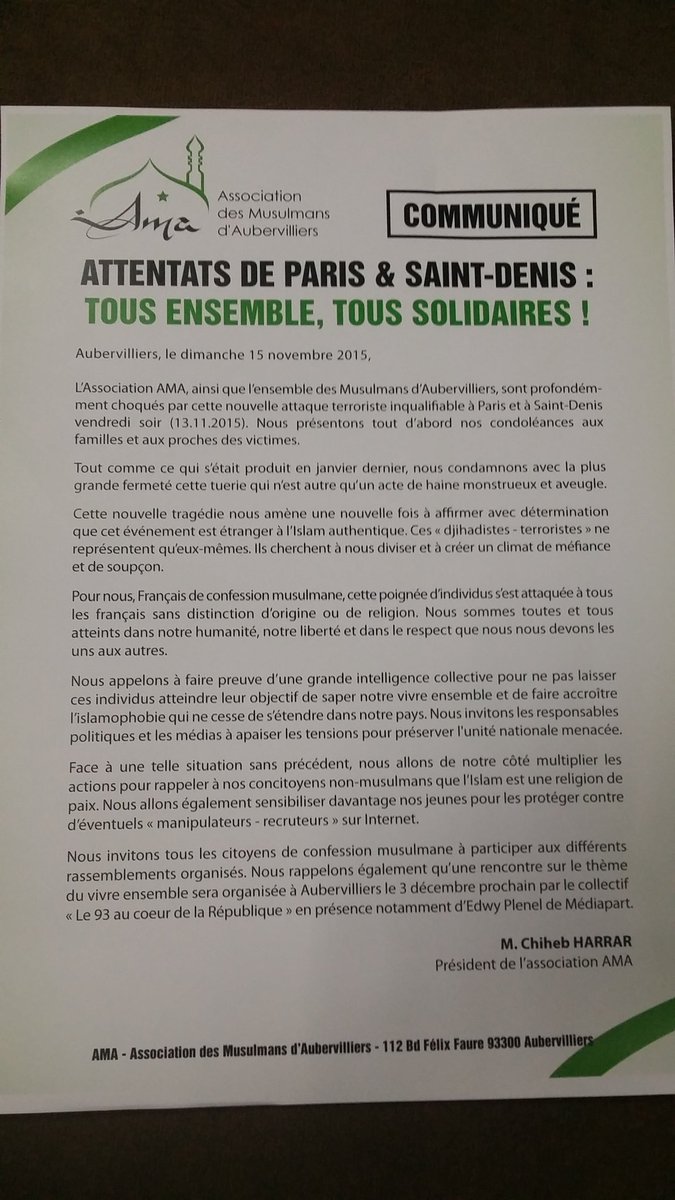 NabilEnnasri's tweet photo. Dimanche, l'association de la mosquée perquisitionnée d'Aubervilliers dénonçait les attentats. Où est sa radicalité? https://t.co/09OZ4KZBRE