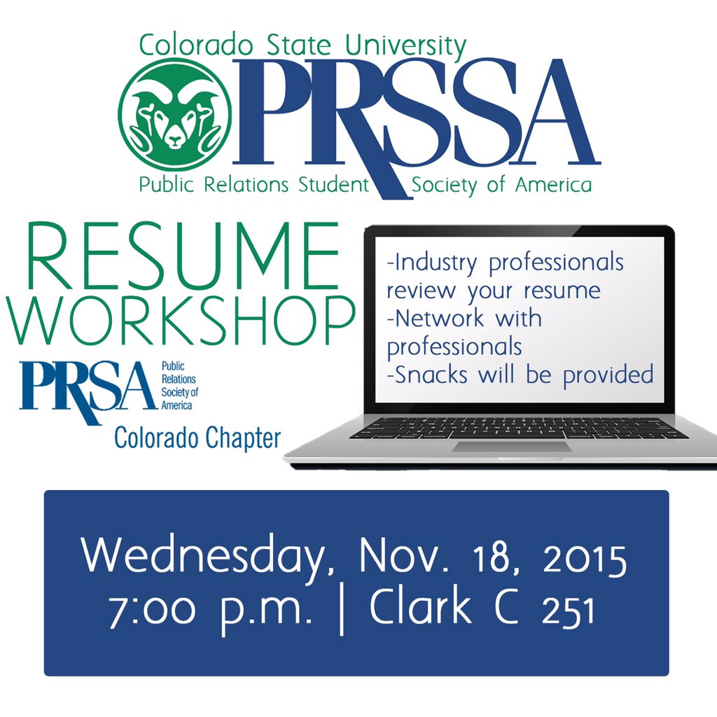CSU_PRSSA's tweet photo. Don't forget about our resume workshop TOMORROW with @PRSAcolo Professionals! #beyourbest #prssa #csuprssa https://t.co/jok1H52Npx