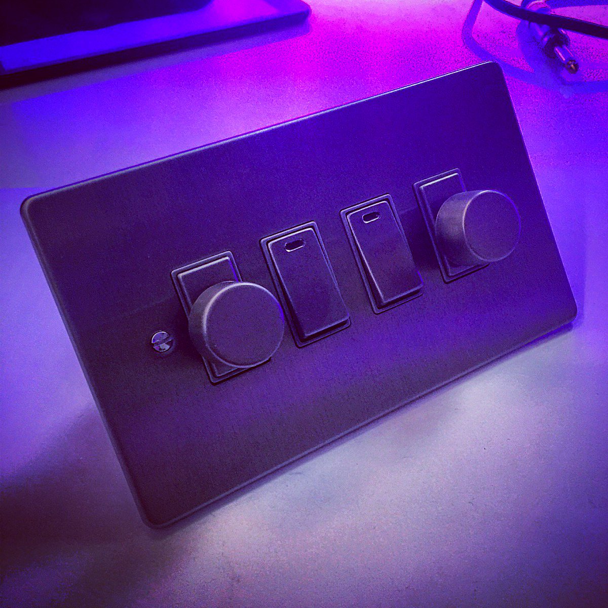 Custom built switch plate for the new studio. Neon power switches for ceiling LED and Dimmer LED Spotlight sets