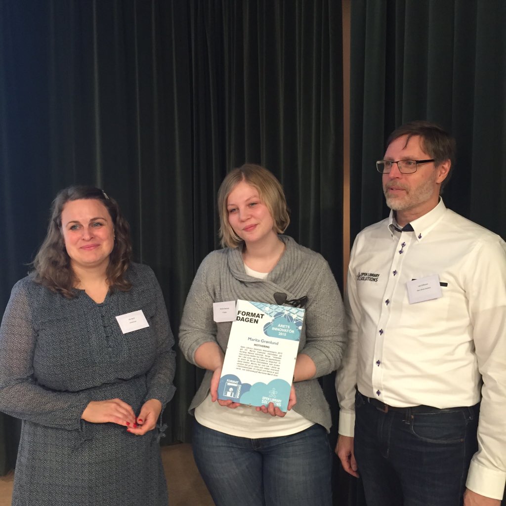 Open Library Solutions Innovationspris2015 :
Marita Grønlund, bibliotekarie på Aurskog Høland bibliotek, Norge.
