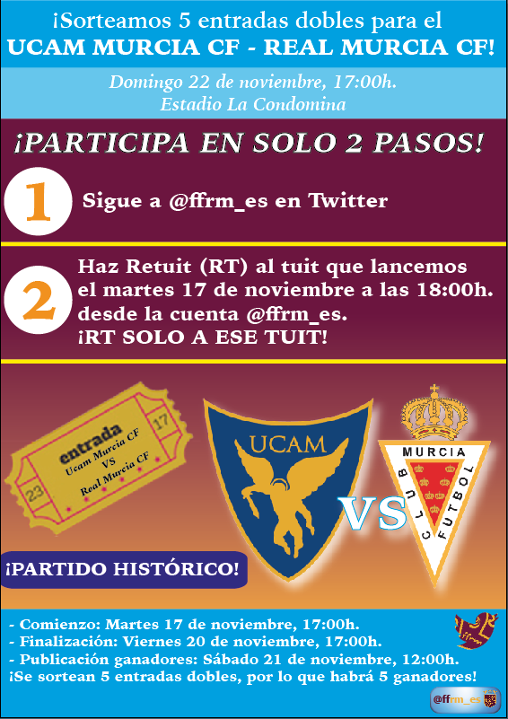 ffrm_es's tweet photo. 🎲 ¡Sigue a @ffrm_es, haz RT a este tuit y GANA 5 entradas dobles para el @UCAMMurciaCF-@realmurciacfsad! 👇 https://t.co/C78ceDBsgu