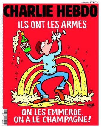 brian_sack's tweet photo. Charlie Hebdo cover this week: “They have weapons. Fuck them. We have champagne." https://t.co/dnEb3Hwr0D