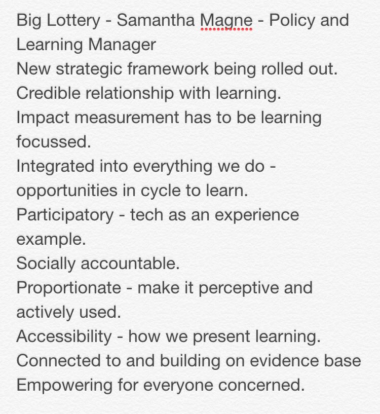 EmmaWrafter's tweet photo. Great highlights from Samantha Magne at @BigLotteryFund on funders and impact. #HighImpactConf Main points are: https://t.co/L8MvhXCxvH