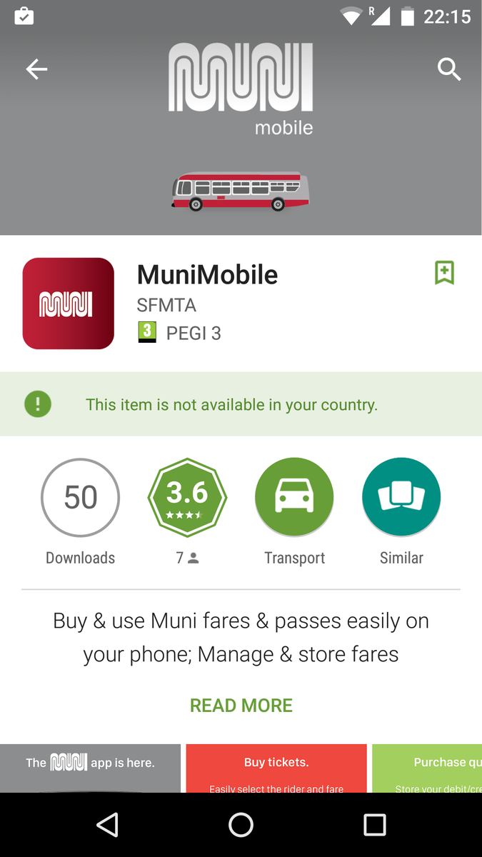 sdweiss's tweet photo. #MuniMobile #Muni isn't available for non US Google Play Store users, even when they are in SF. #fail https://t.co/5ztKCG4UJh