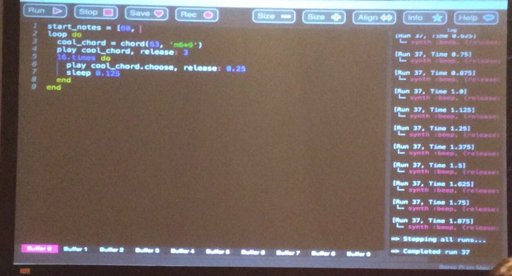 jnanney's tweet photo. Amazingly simple music with sonic pi from @darinwilson
#rubyconf2015 https://t.co/3eCxaiJvU5