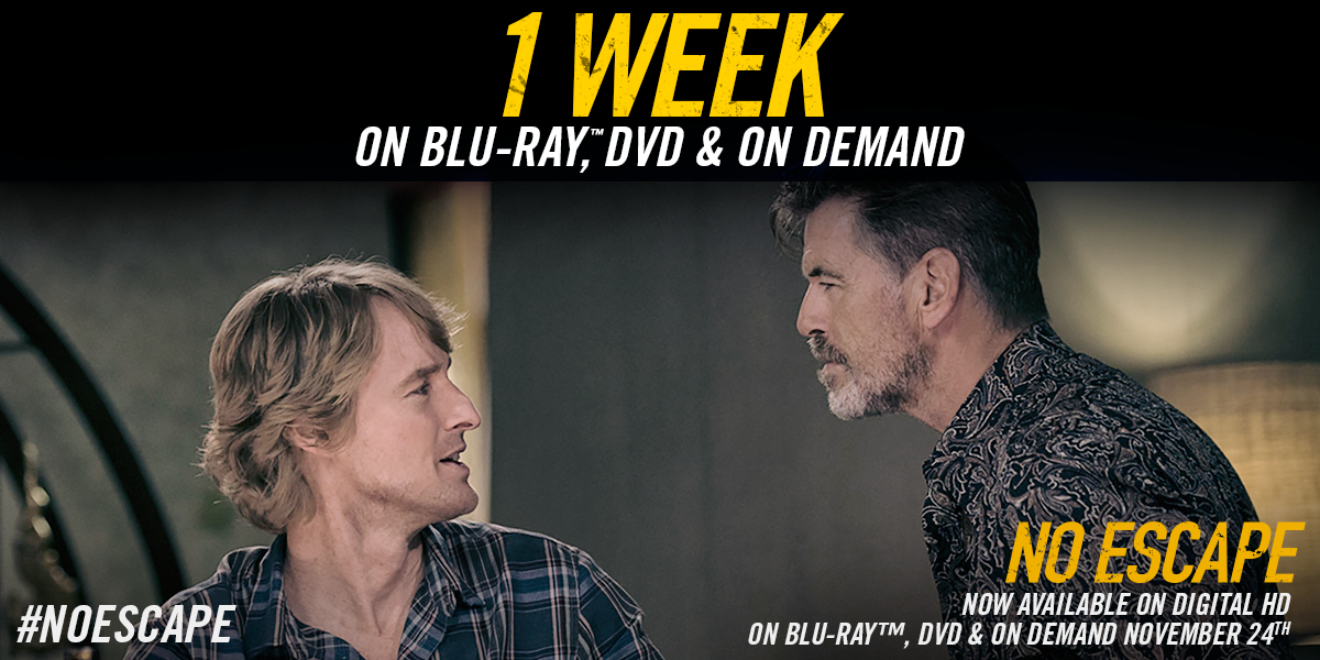 NoEscape's tweet image. Owen Wilson &amp;amp; @PierceBrosnan face a violent uprising in #NoEscape available on Blu-ray™, DVD &amp;amp; On Demand in ONE WEEK