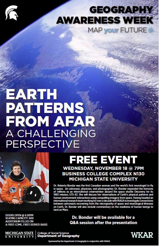 GEOatMSU's tweet photo. Hear what it's like to see Earth from space w/ astronaut Dr. Roberta Bondar! Tomorrow, 7pm. https://t.co/v9g8IFvFRW https://t.co/6BMhaAJWw5