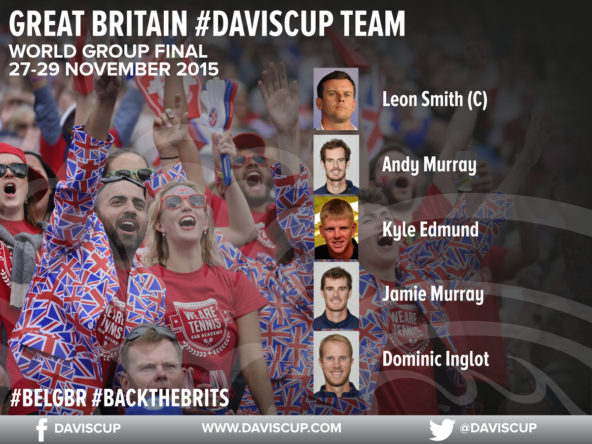 DavisCup's tweet photo. Great Britain's team for the #DavisCupFinal against Belgium: @andy_murray, @kyle8edmund, @jamie_murray &amp; @dominglot https://t.co/8DcSjYQhub