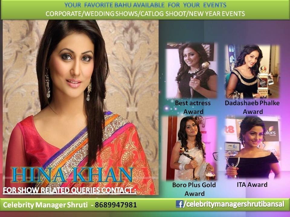 CelebManagerKri's tweet photo. Top TV CELEB #HINA KHAN available 4 ur Upcoming Events n endorsements...
For Bookings Contact 
09004355455 https://t.co/jcl9vHuA1C