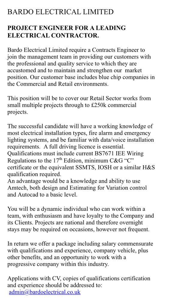 bardoelectrical's tweet photo. Due to increased work load, Bardo require electrical project engineer #vacancy https://t.co/2vXmygu5bB