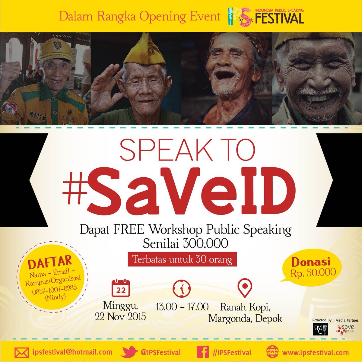 IPSFestival's tweet photo. Opening Event @IPSFestival campaign Speak to #SaVeID akan dimulai dari Depok tgl 22 November 2015 di @ranahkopi https://t.co/81LJY8wq2x