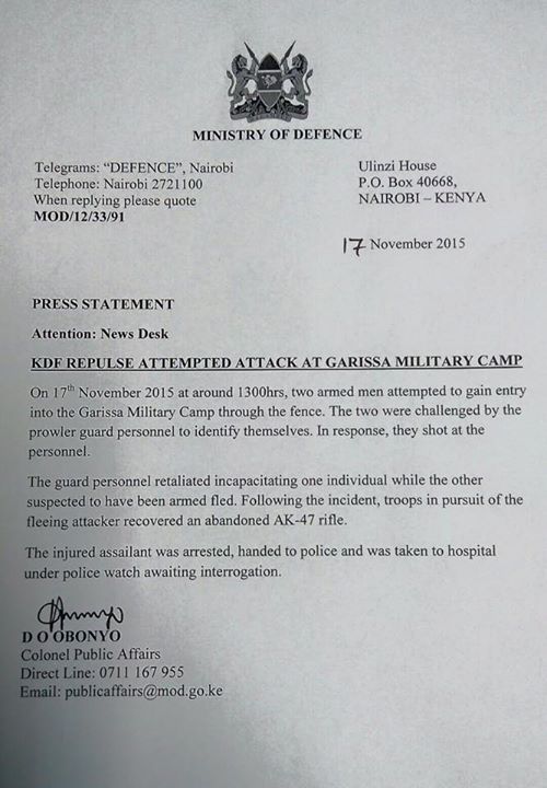Omaarnor's tweet photo. MUST READ: #Kenya Defense Forces Issued Statement on Attempted Attack on #Garrissa Garrison by #AlShabaab. #Somalia https://t.co/aatmOHGoqs