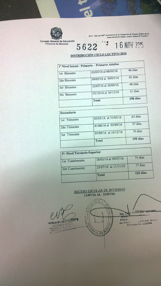 <a href="/udpm_misiones/">UDPM</a> informa nuevo calendario escolar 2016 aprob <a href="/CGEMisiones/">CGE Misiones</a> y sindicatos docentes.Inicio clases 2/03/16