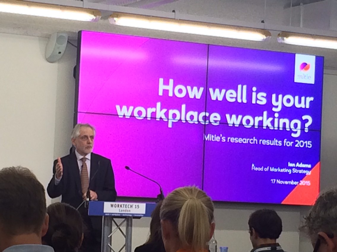 lorrainebarnet's tweet photo. Ian Adams presenting Mitie's 2015 research, How production is your workplace at Worktech London 2015 https://t.co/EYFPa0xdWn