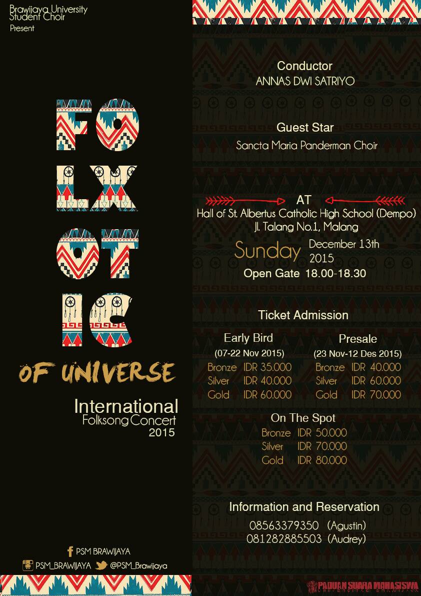 PSM_Brawijaya's tweet photo. FOLXOTIC OF UNIVERSE! An Intl Folksong Concert 2015. On Dec, 13th at Dempo Hall. Curious? Get your ticket now! https://t.co/GxxudSiw0h
