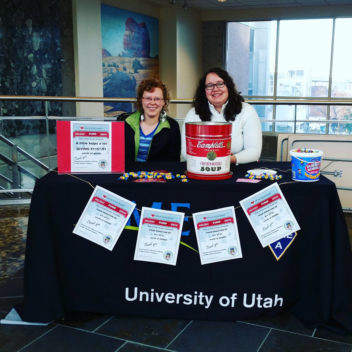 UofUCMES's tweet photo. Donate to the @utahfoodbank today in FASB-The Sutton building! #uofu #womeninmining #umining https://t.co/HfLIzzE6GK
