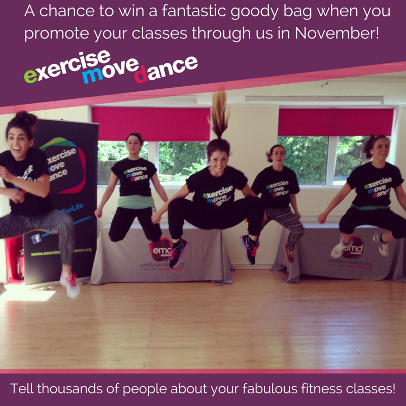 Teachers! Promote your classes with us in November and get a chance to win a goody bag! exercisemovedance.org/page/promote