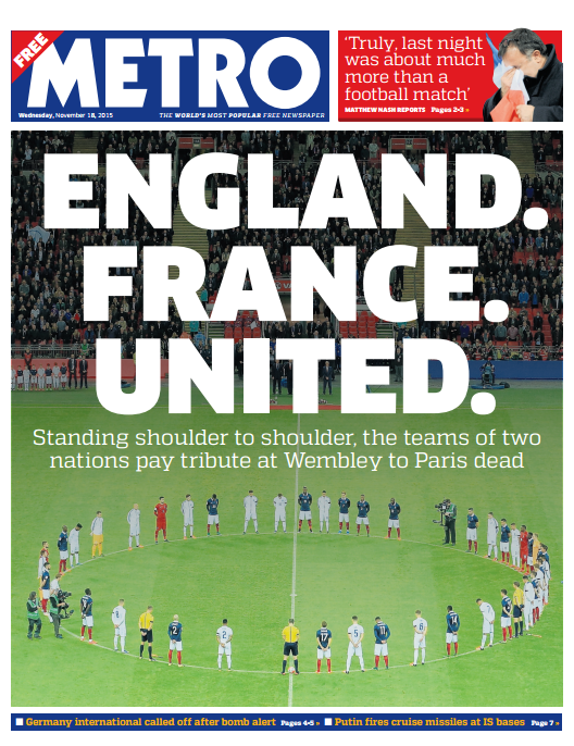 SkyNews's tweet photo. METRO FRONT PAGE: "England. France. United." #skypapers https://t.co/BFGmNczEBc