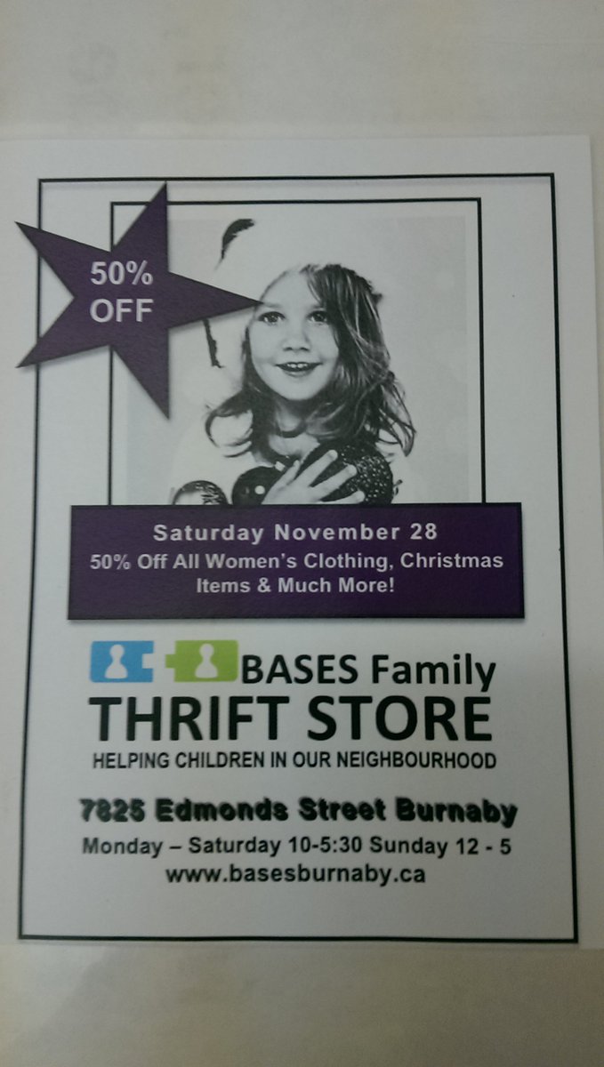 BasesStore's tweet photo. Enjoy a bargain? We are having a SALE on Saturday Nov. 28`15! 10:00am - 5:30pm 7825 Edmonds #Burnaby #Thrift #Bases https://t.co/i0gjAHCYih