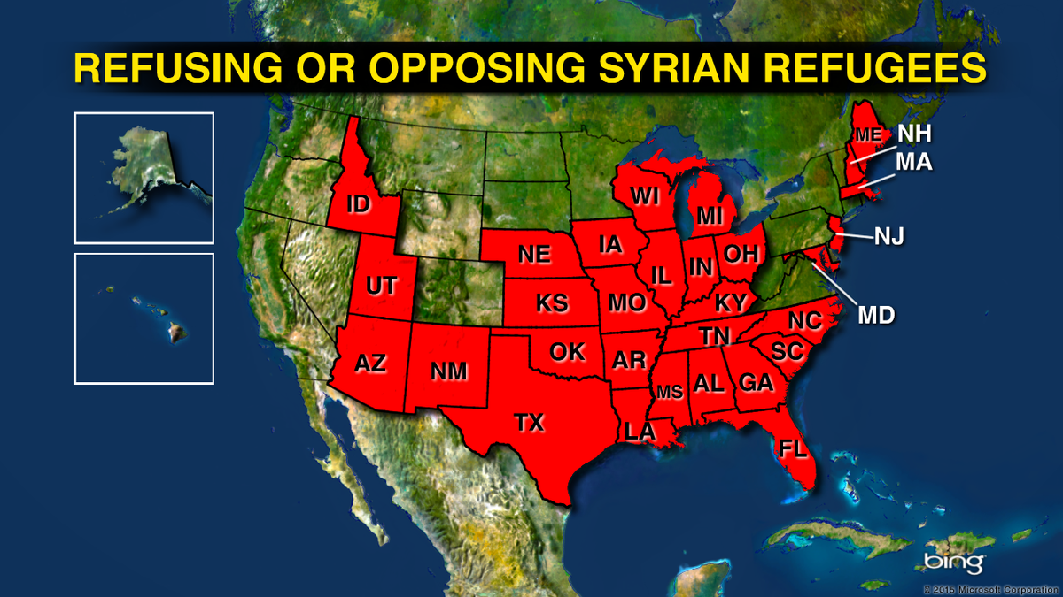 FoxNews's tweet photo. 30 U.S. governors are now opposing or refusing to allow Syrian refugees into their states. https://t.co/M7UNotk4kH https://t.co/bnVYYDKBnB