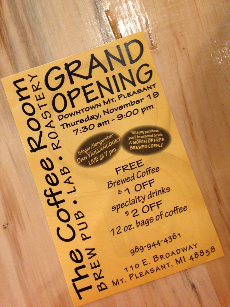 narrativality's tweet photo. The Coffee Room's Grand Opening Thursday, Nov. 19th! Free coffee all day! Live music w/ @danvaillancourt at 7pm! https://t.co/TuImLO5mg1